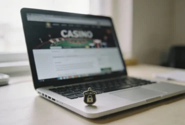 Laptopon megnyitott online kaszinó oldal biztonsági jelképpel, amely a megbízható kaszinóválasztást szemlélteti