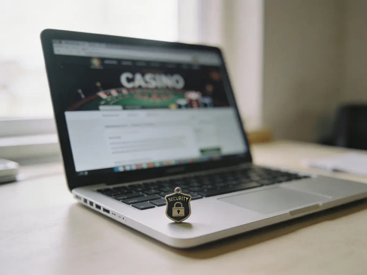 Laptopon megnyitott online kaszinó oldal biztonsági jelképpel, amely a megbízható kaszinóválasztást szemlélteti